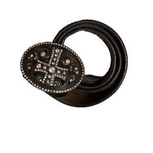 Genuine Brown Leather Embossed  Studded Belt w/Goth Rhinestone Cross Buckle  40"